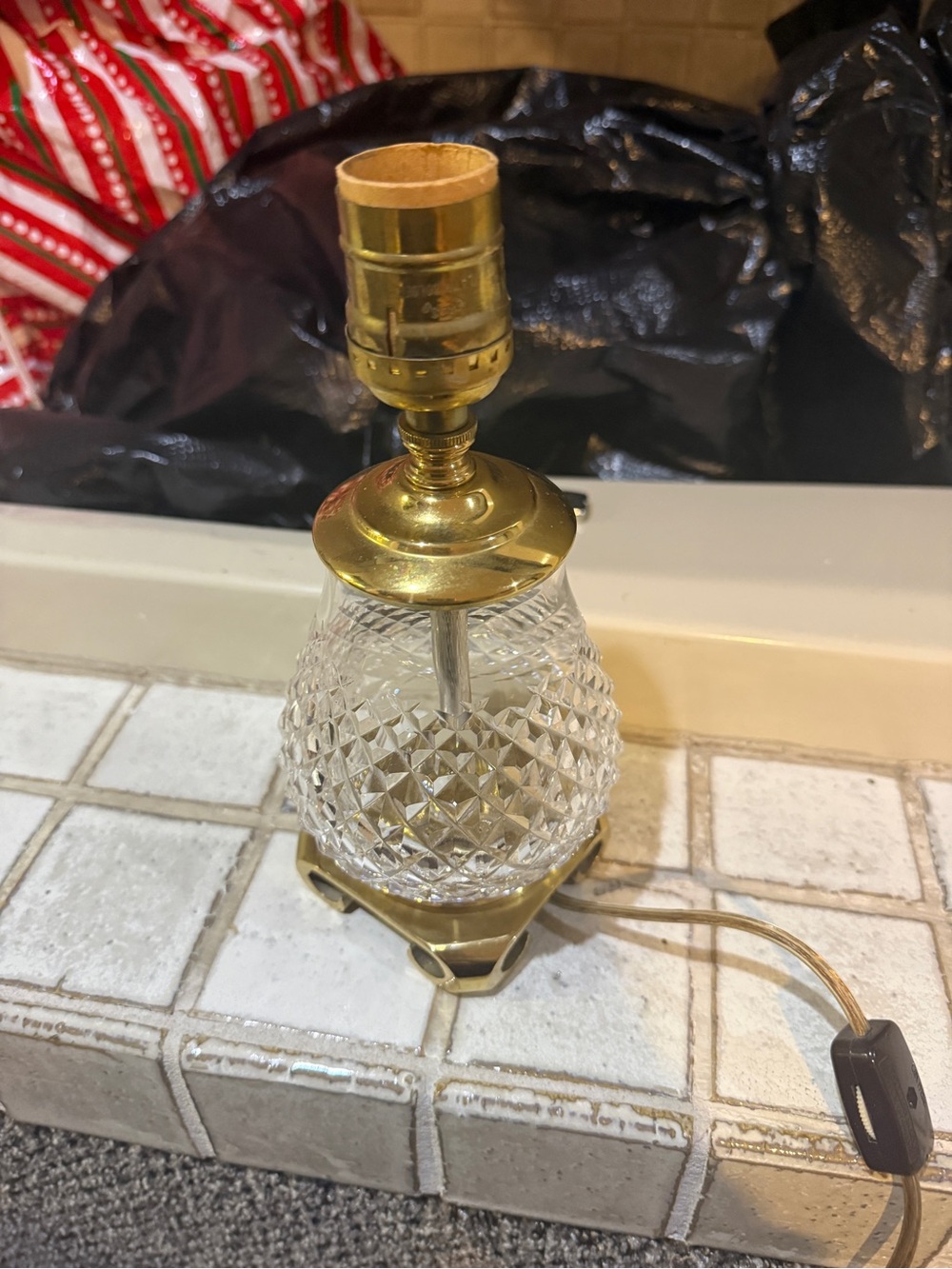 Crystal Table Lamp with White Shade and Brass Accents - Picture 4 of 6